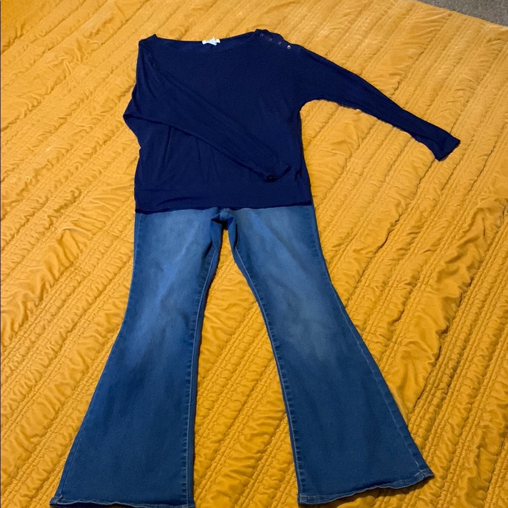 Navy Blue Sweater and Flared Jeans Set
